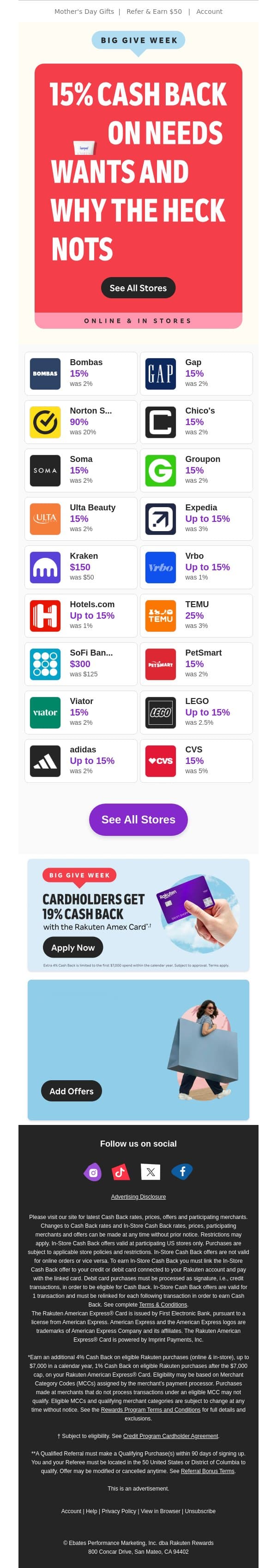 Permission to splurge: 15% Cash Back email from Rakuten screenshot