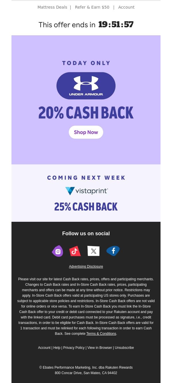 Hurry! 👟20% Cash Back at Under Armour email from Rakuten screenshot