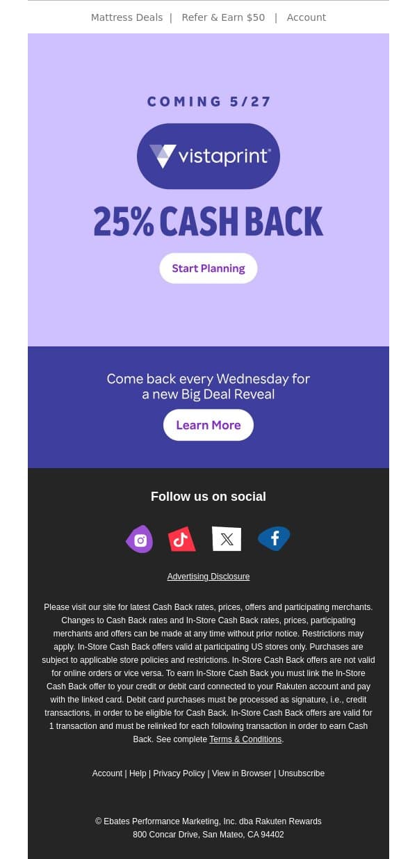 Coming 5/27 🔔25% Cash Back at VistaPrint email from Rakuten screenshot