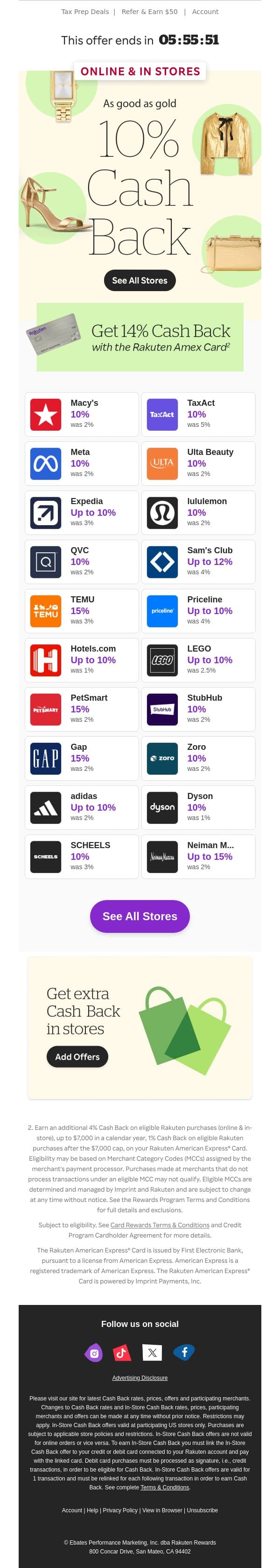 💸 10% Cash Back ends soon 💸 email from Rakuten screenshot
