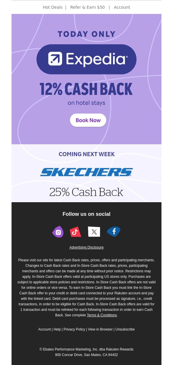 📣12% Cash Back at Expedia is here! email from Rakuten screenshot