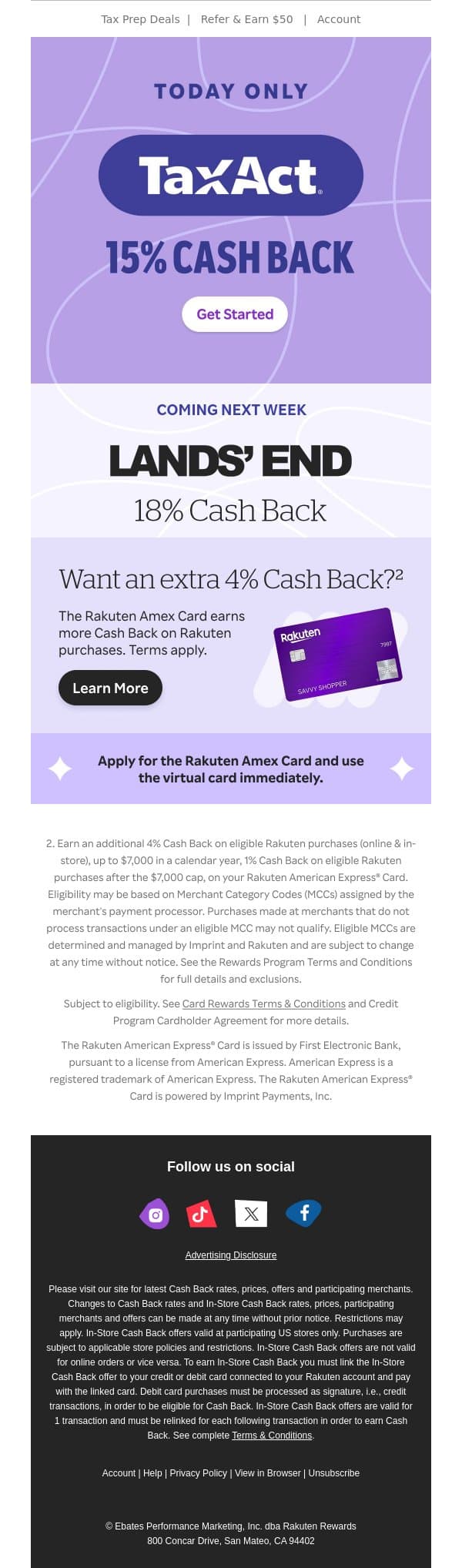 15% Cash Back at TaxAct today❗ email from Rakuten screenshot