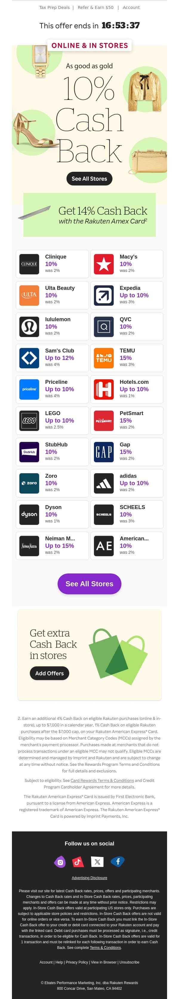 You just got lucky with 10% Cash Back 🤑 email from Rakuten screenshot