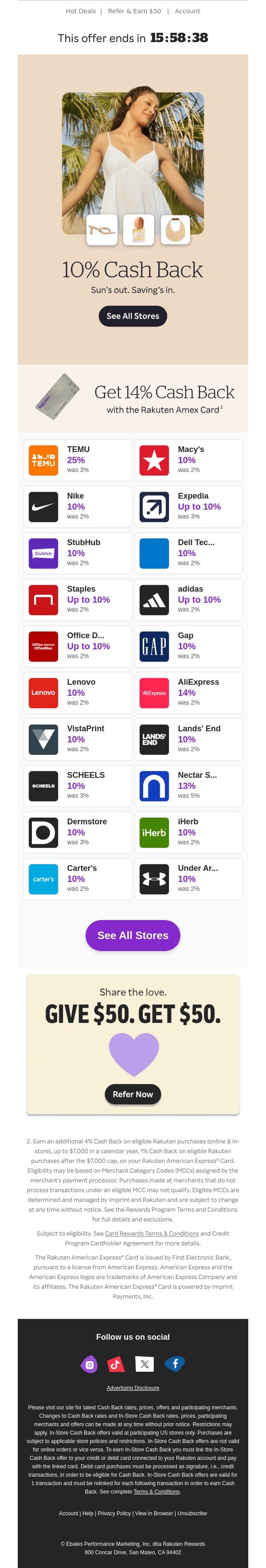 These deals are hot ☀️ Shop 10% Cash Back email from Rakuten screenshot