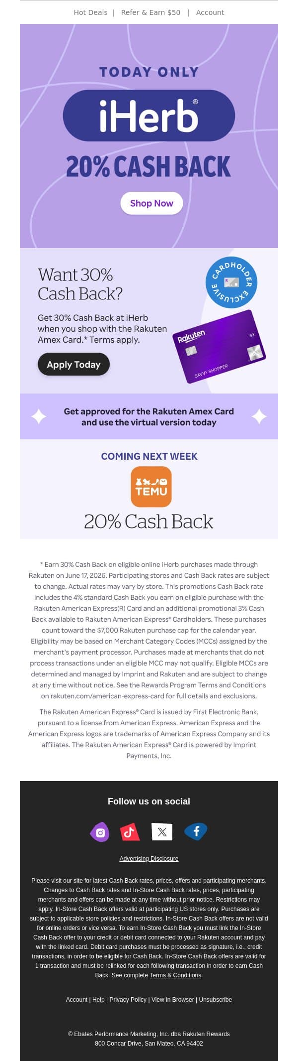 📣20% Cash Back at iHerb is here! email from Rakuten screenshot