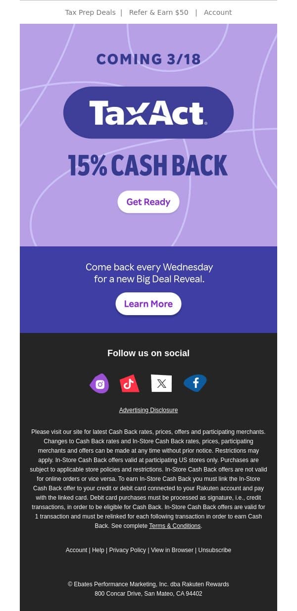 3/18 only 💥 15% Cash Back at TaxAct email from Rakuten screenshot