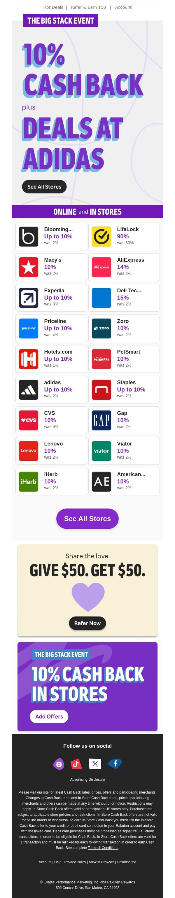 Stack BIG with 10% Cash Back 🤑 email from Rakuten screenshot
