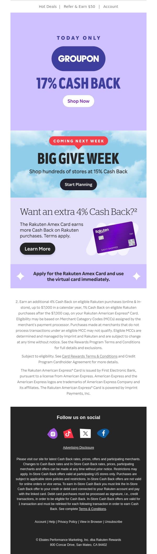 Score 17% Cash Back at Groupon—today only! email from Rakuten screenshot