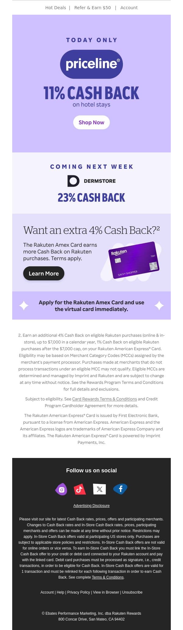 🚨11% Cash Back on hotels at Priceline 🚨 email from Rakuten screenshot