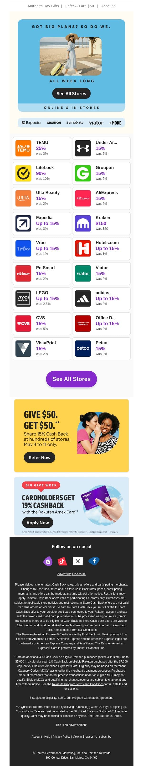 Get out there. Get 15% Cash Back. email from Rakuten screenshot