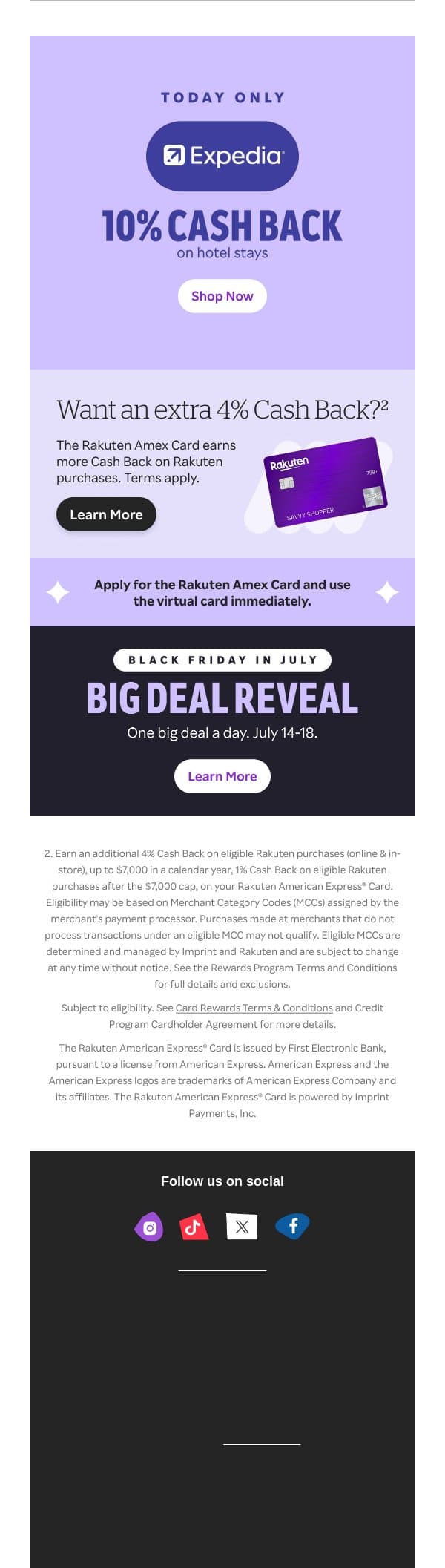 🚨10% Cash Back on hotels at Expedia email from Rakuten screenshot