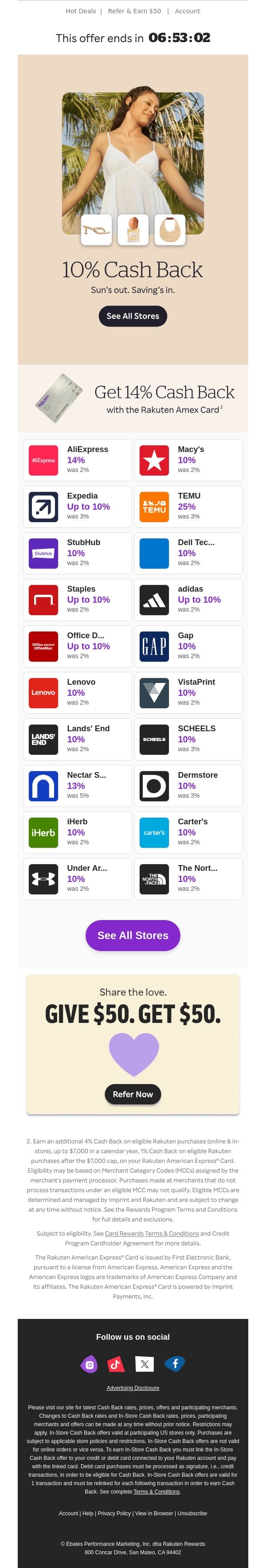 The sun is setting on 10% Cash Back ⛅ email from Rakuten screenshot