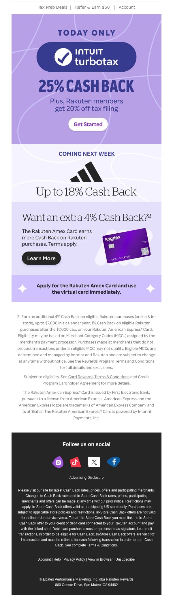 📣25% Cash Back at TurboTax is on email from Rakuten screenshot