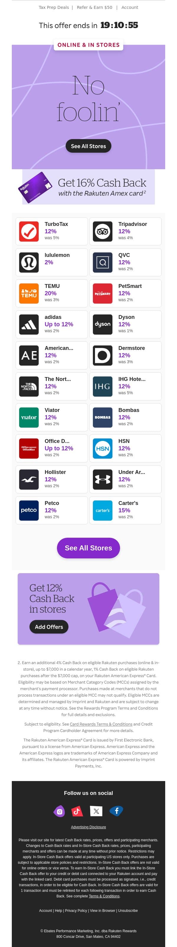 😜 No gotchas, just 12% Cash Back email from Rakuten screenshot