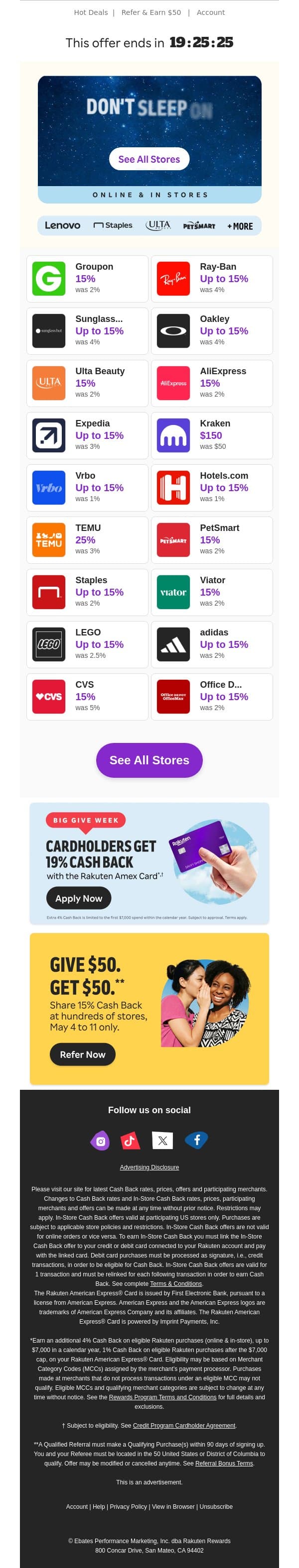 ⏱️Final hours to shop 15% Cash Back ⏱️ email from Rakuten screenshot