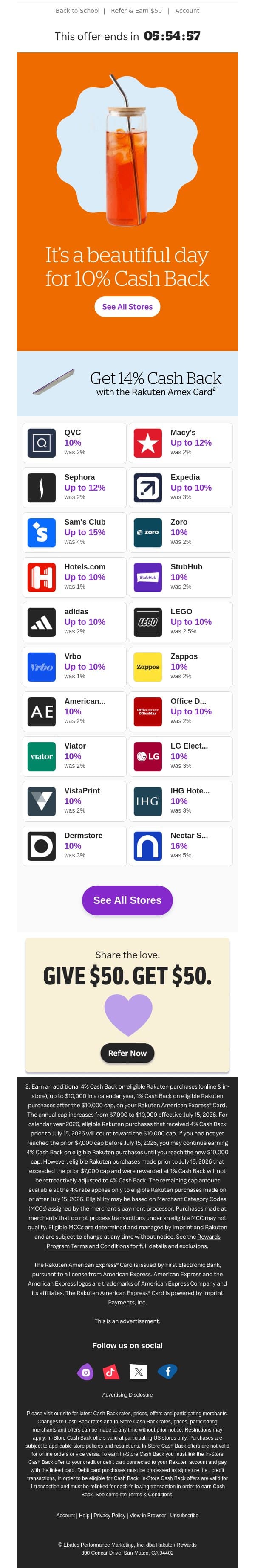 Beat the blues with 10% Cash Back 🤑 email from Rakuten screenshot