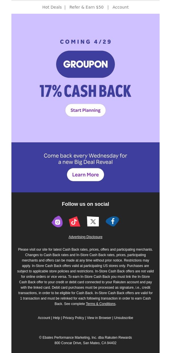 It’s almost here! 17% Cash Back at Groupon email from Rakuten screenshot