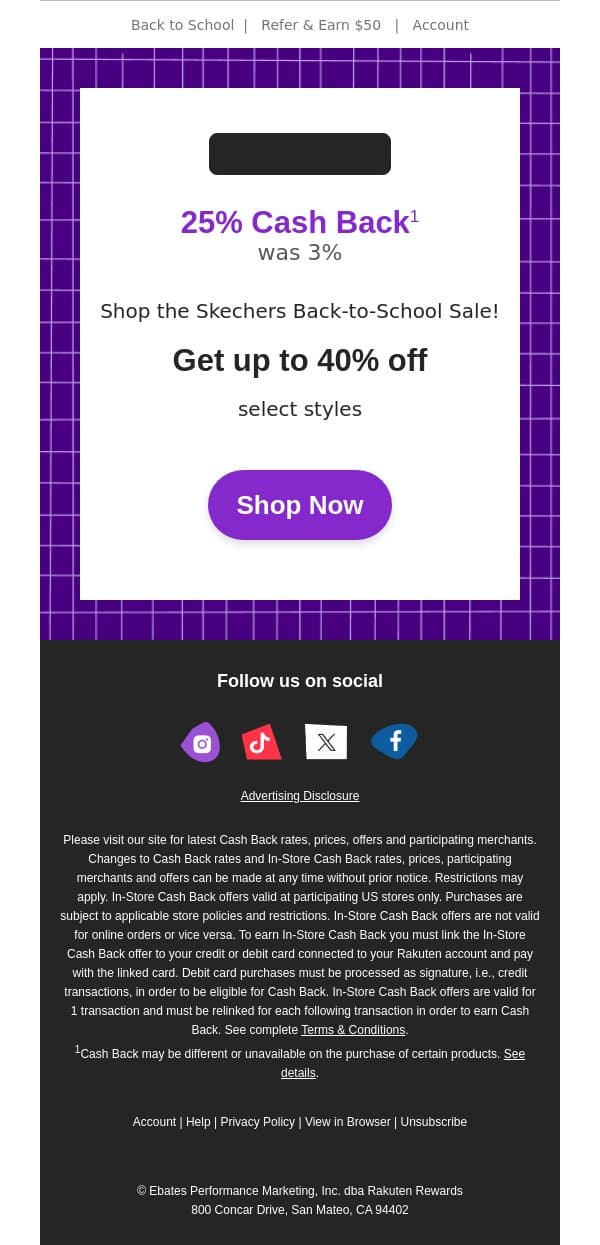 Skechers: 25% Cash Back + Get up to 40% off select styles email from Rakuten screenshot