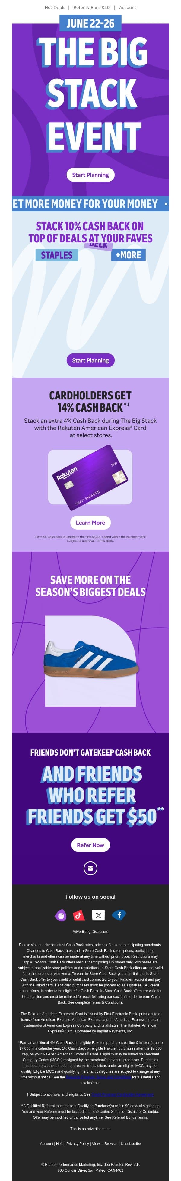 Get ready to stack 10% Cash Back on top of the season’s biggest deals, June 22-26 email from Rakuten screenshot
