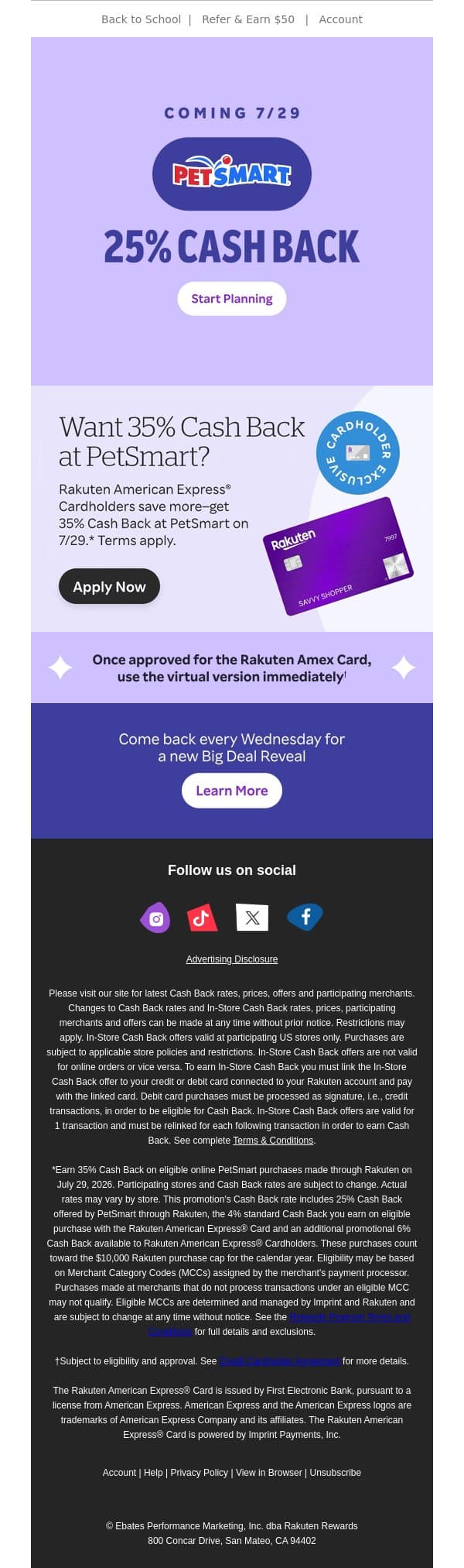 7/29 only 🐶 25% Cash Back at PetSmart email from Rakuten screenshot