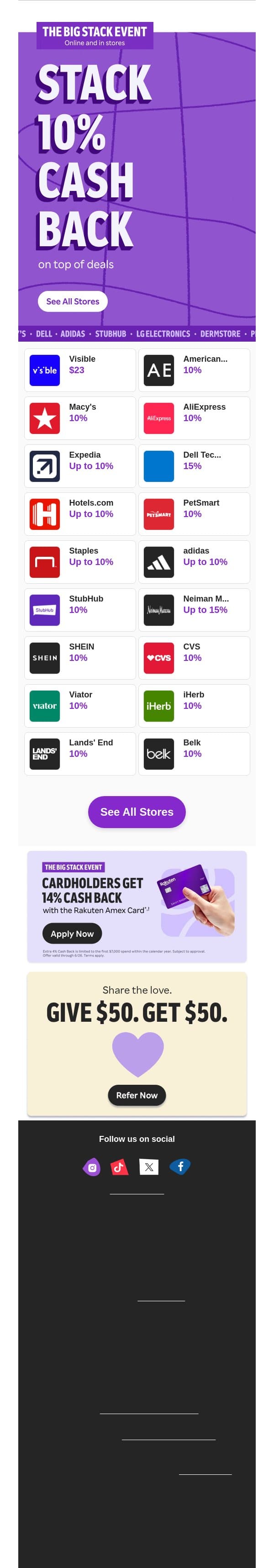 🚨 Tomorrow is the last day to stack 10% Cash Back 🚨 email from Rakuten screenshot