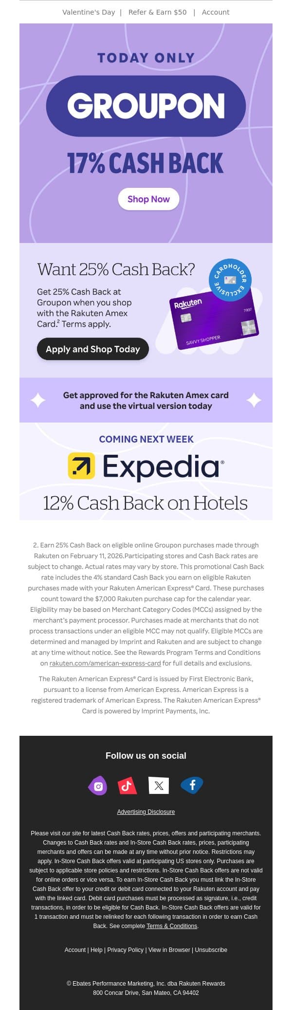 🔔17% Cash Back at Groupon is here! 🔔 email from Rakuten screenshot