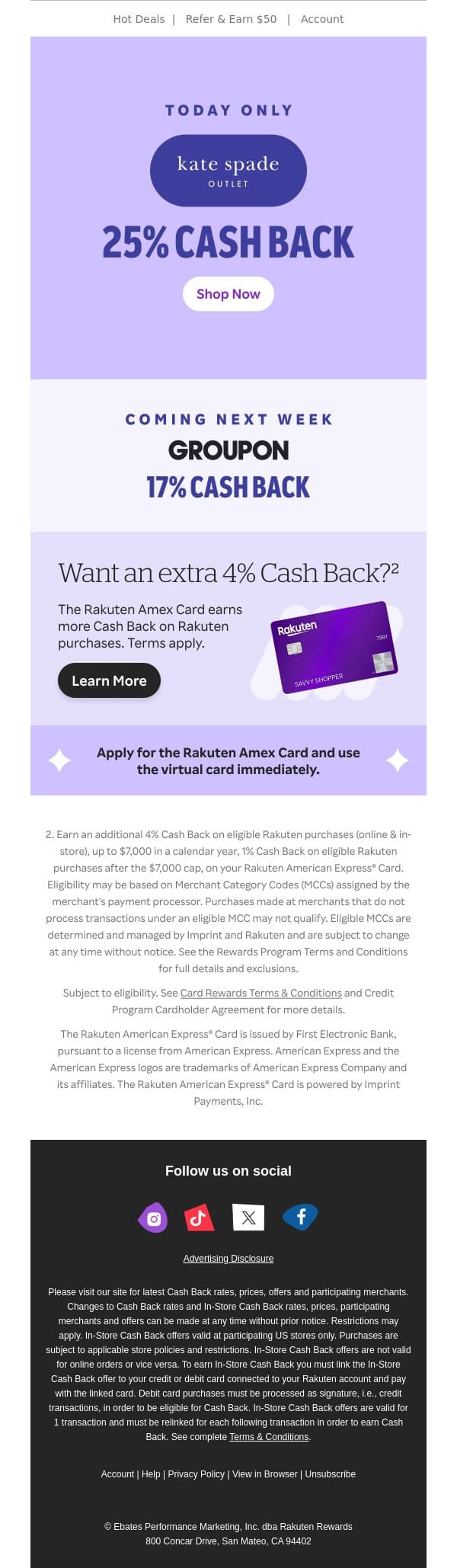 😍25% Cash Back at kate spade outlet email from Rakuten screenshot
