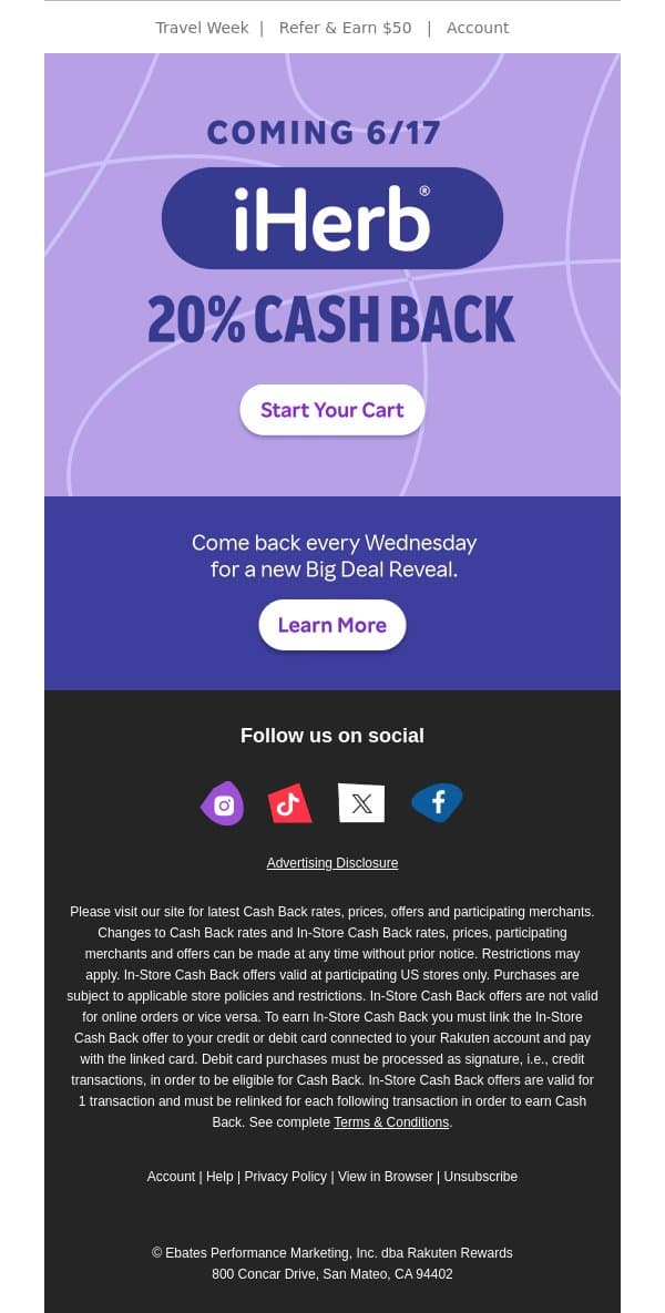 🔔Coming June 17: 20% Cash Back at iHerb 🔔 email from Rakuten screenshot