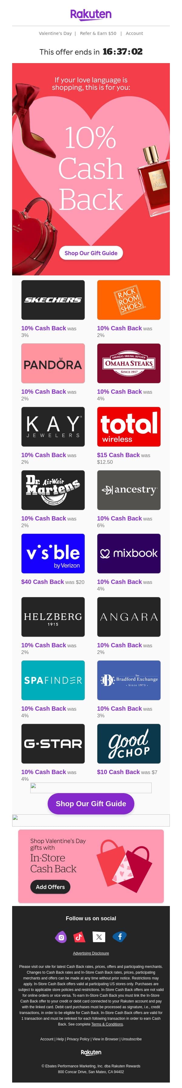 10% Cash Back on V-day gifts for the loves in your life email from Rakuten screenshot