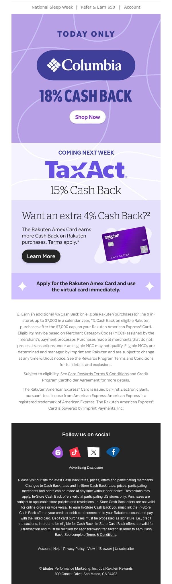 📣18% Cash Back at Columbia Sportswear📣 email from Rakuten screenshot