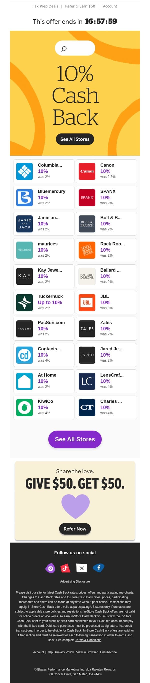 10% Cash Back on brands you’ll love 🏆 email from Rakuten screenshot