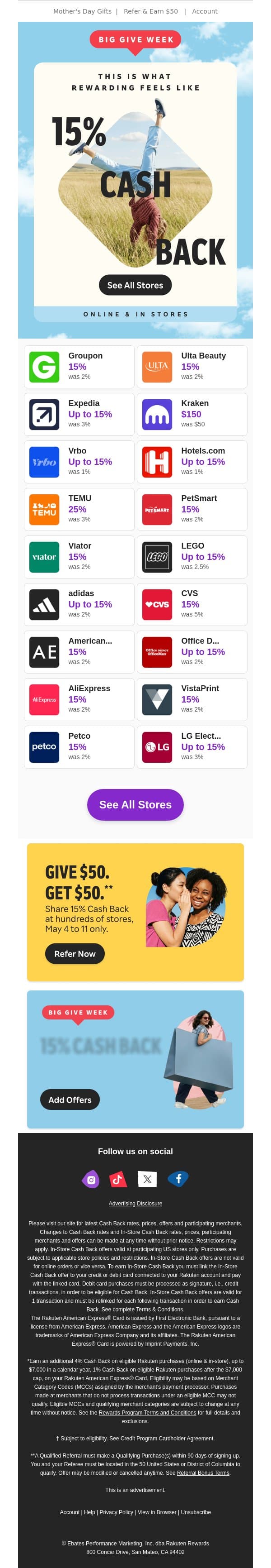 ✨Say yes to 15% Cash Back ✨ email from Rakuten screenshot