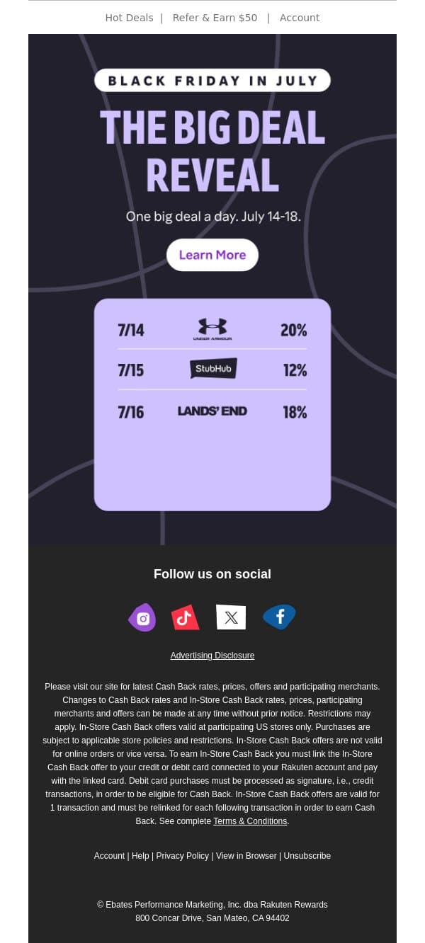 The Big Deal Reveal: Black Friday in July Edition is coming! 👀July 14-18 email from Rakuten screenshot