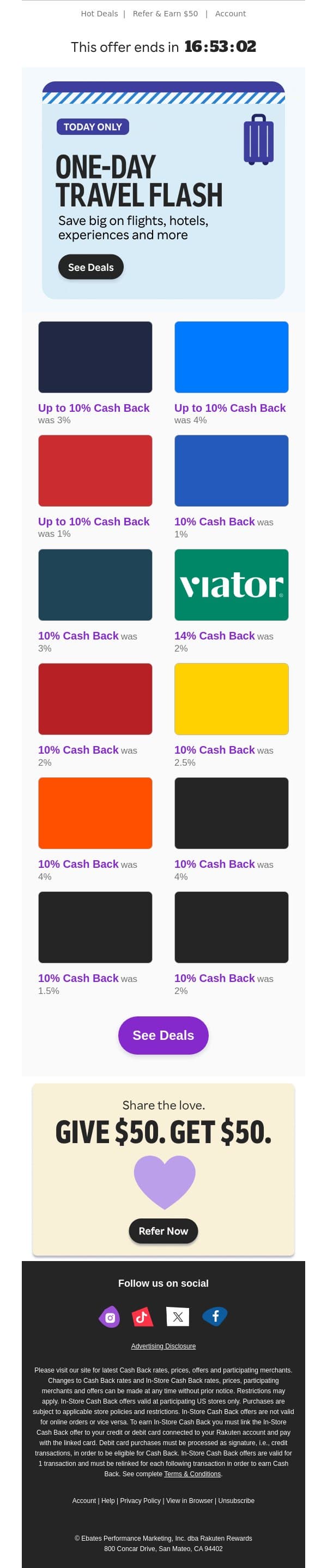 10% Cash Back on travel for one day only ✈️🌴 email from Rakuten screenshot