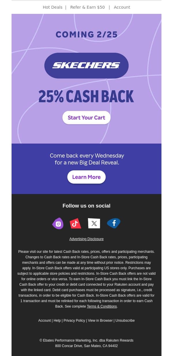 🔔Coming 2/25: 25% Cash Back at Skechers 🔔 email from Rakuten screenshot