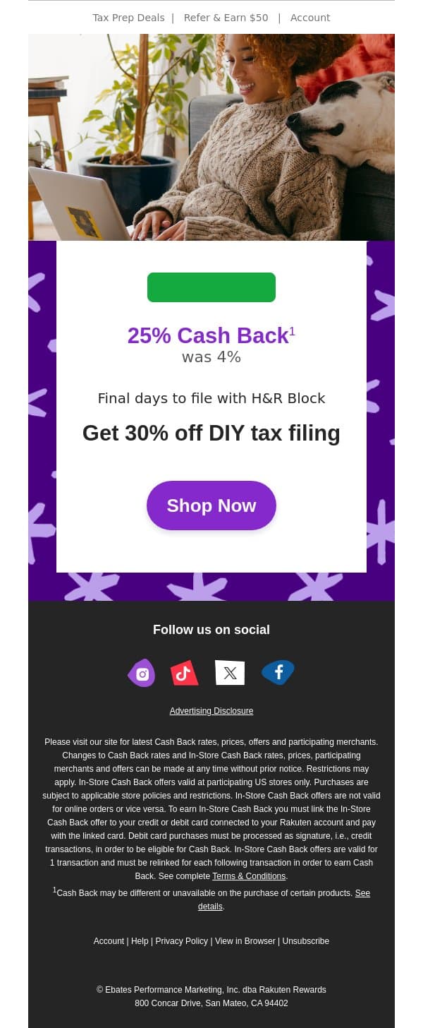 H&R Block: 25% Cash Back + 30% off DIY tax filing email from Rakuten screenshot