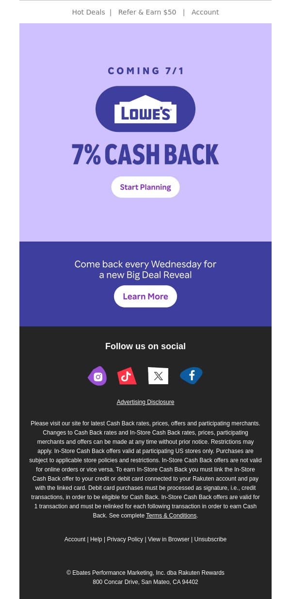 🚨Coming soon! 7% Cash Back at Lowe's email from Rakuten screenshot