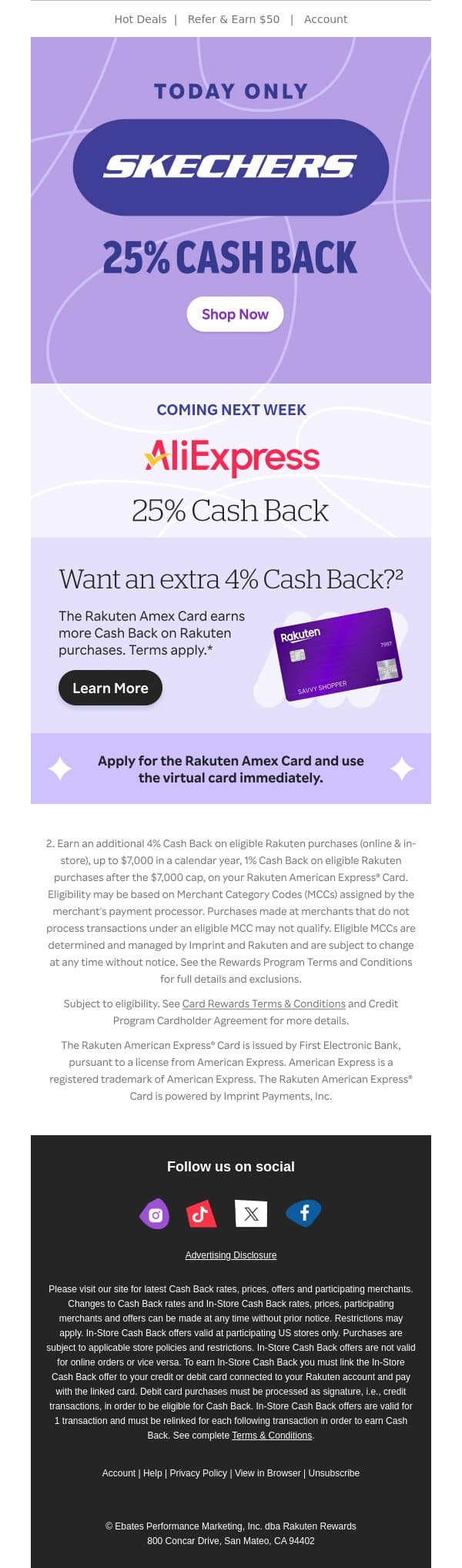 📣25% Cash Back at Skechers is here! email from Rakuten screenshot