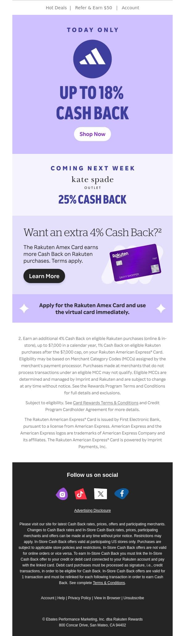 👟 Up to 18% Cash Back at adidas is here! email from Rakuten screenshot