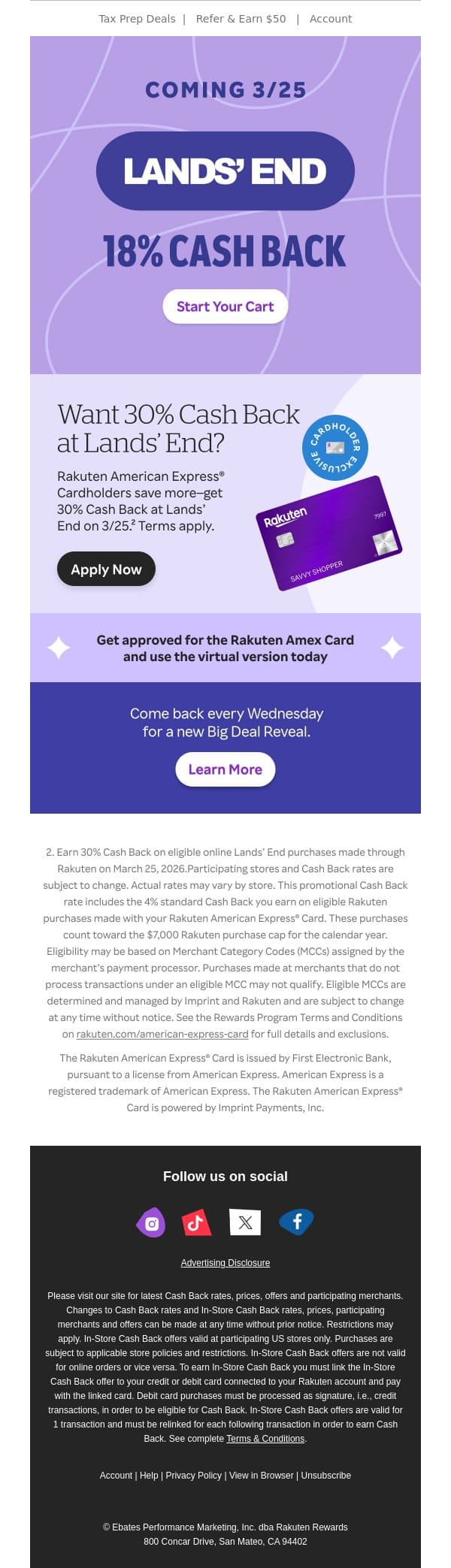 📣Coming soon! 18% Cash Back at Lands’ End email from Rakuten screenshot