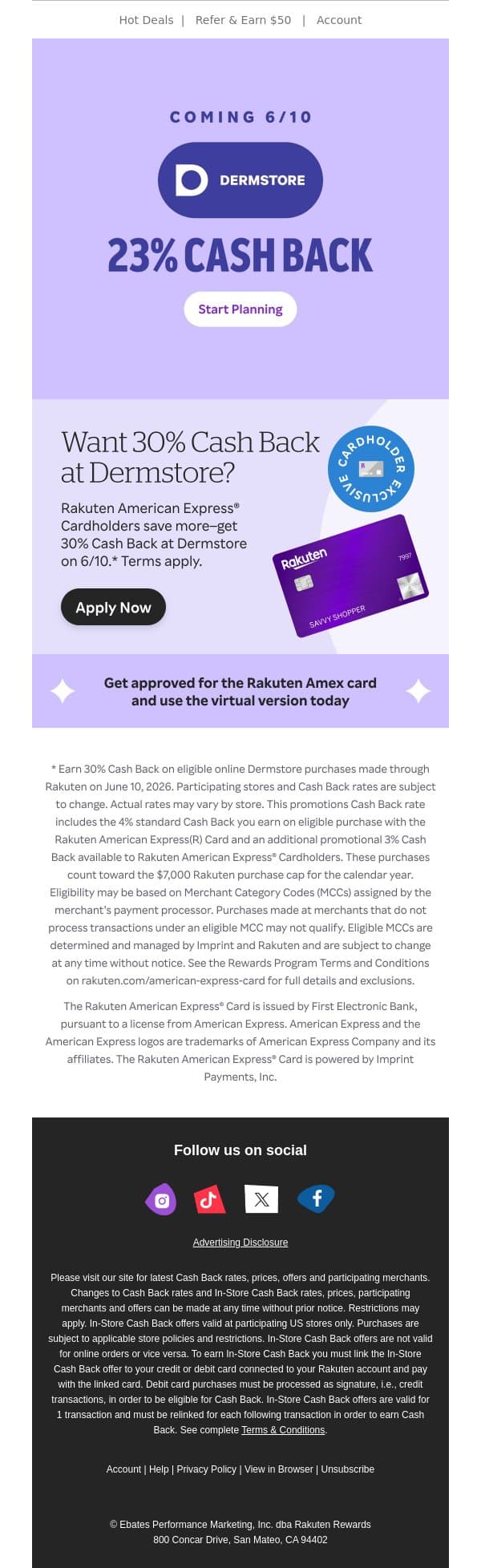 Coming 6/10 ✨ 23% Cash Back at Dermstore email from Rakuten screenshot