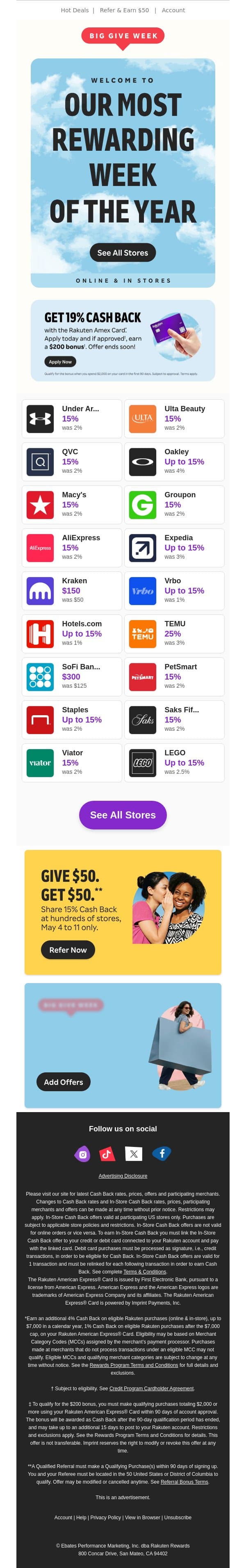 The wait’s over! Get 15% Cash Back NOW 🎉 email from Rakuten screenshot