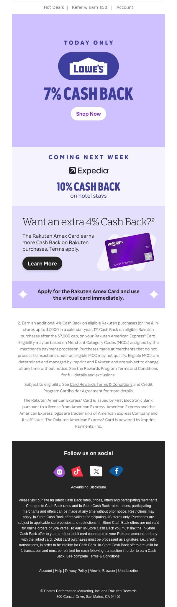 TODAY ONLY 📣7% Cash Back at Lowe's email from Rakuten screenshot