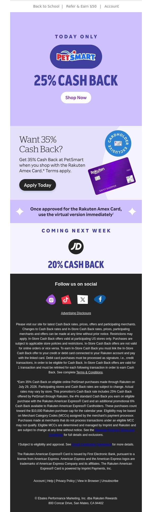 25% Cash Back at PetSmart 🐰 Today only email from Rakuten screenshot