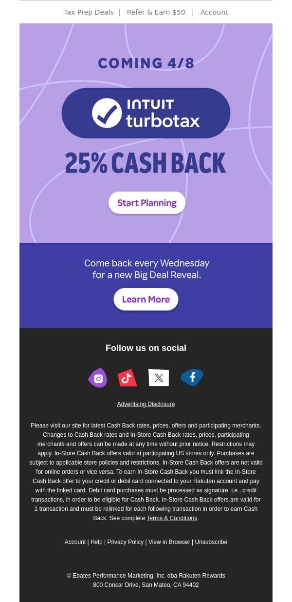 🔔Coming soon! 25% Cash Back at TurboTax email from Rakuten screenshot
