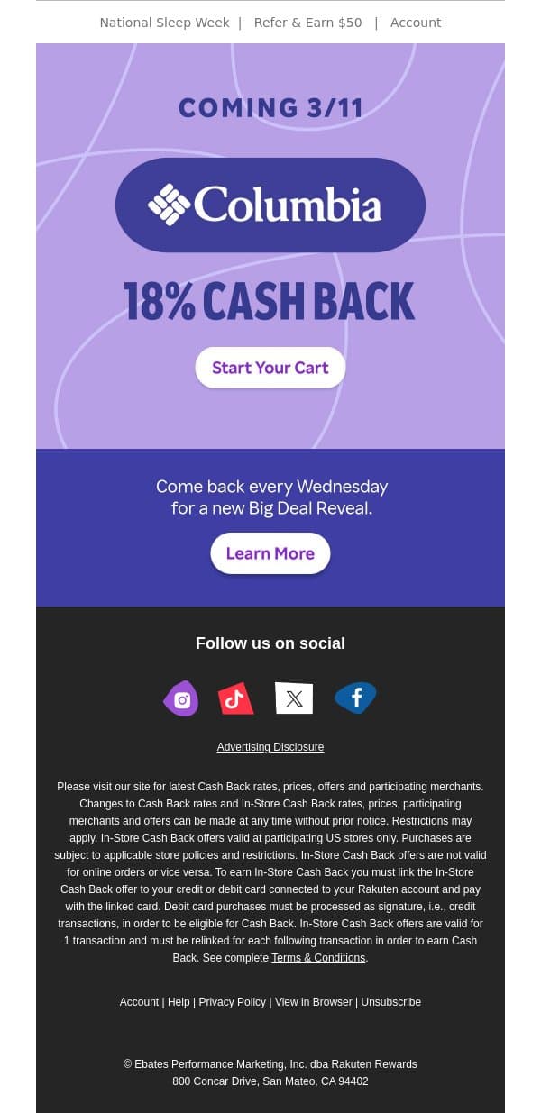 🚨 Coming soon! 18% Cash Back at Columbia Sportswear email from Rakuten screenshot