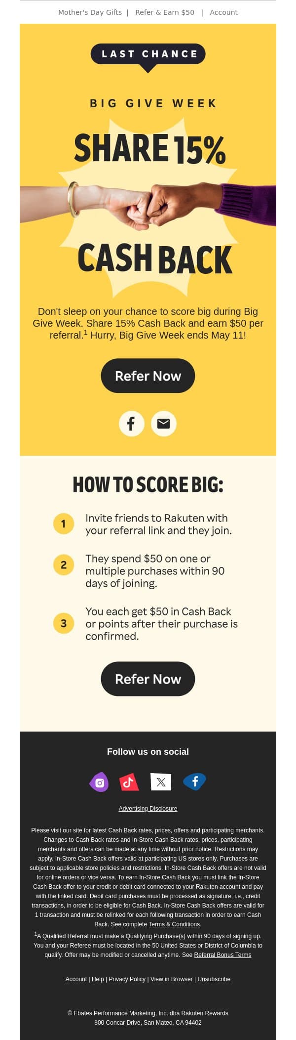 Final days❗ Your best shot at $50 bonuses email from Rakuten screenshot