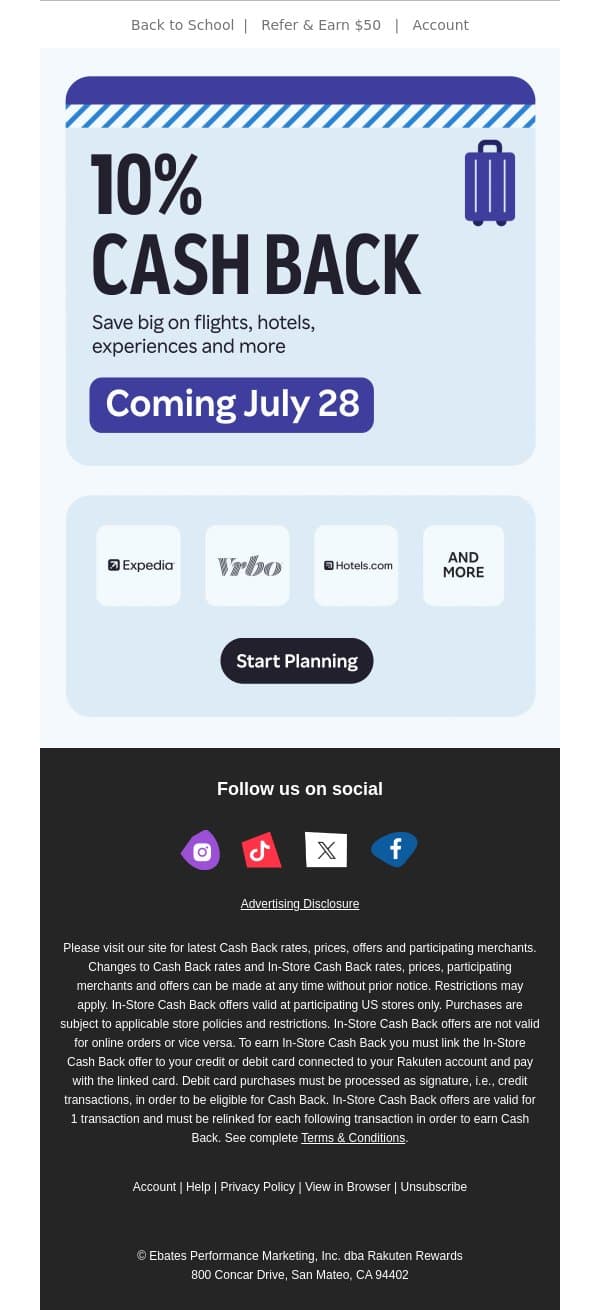 📣Coming 7/28: 10% Cash Back on travel ✈️ email from Rakuten screenshot