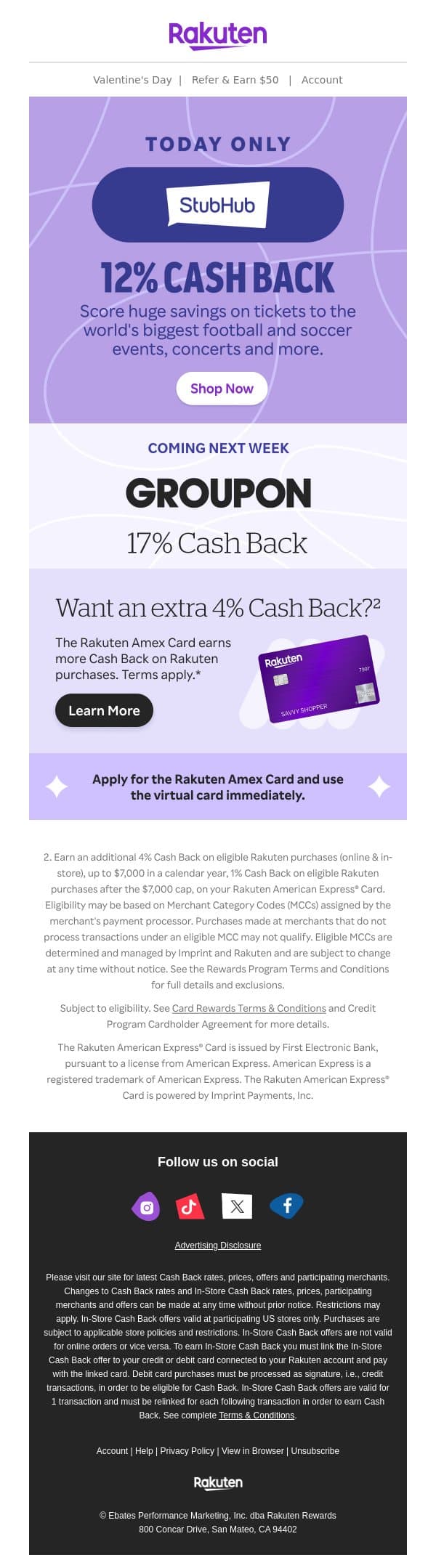 📣12% Cash Back at StubHub is here! 🏈⚽ email from Rakuten screenshot