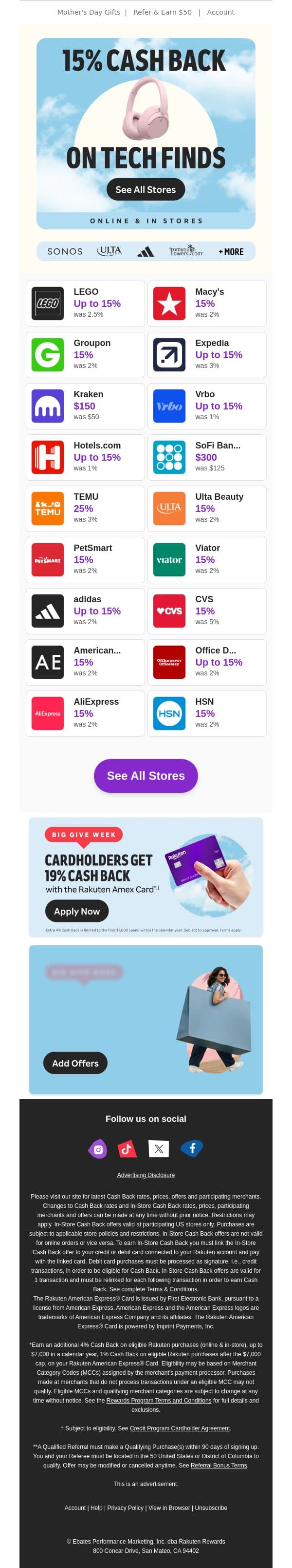 Make shopping 15% more rewarding email from Rakuten screenshot